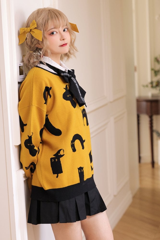 Halloween Black Cat Lolita Sweater with Tie