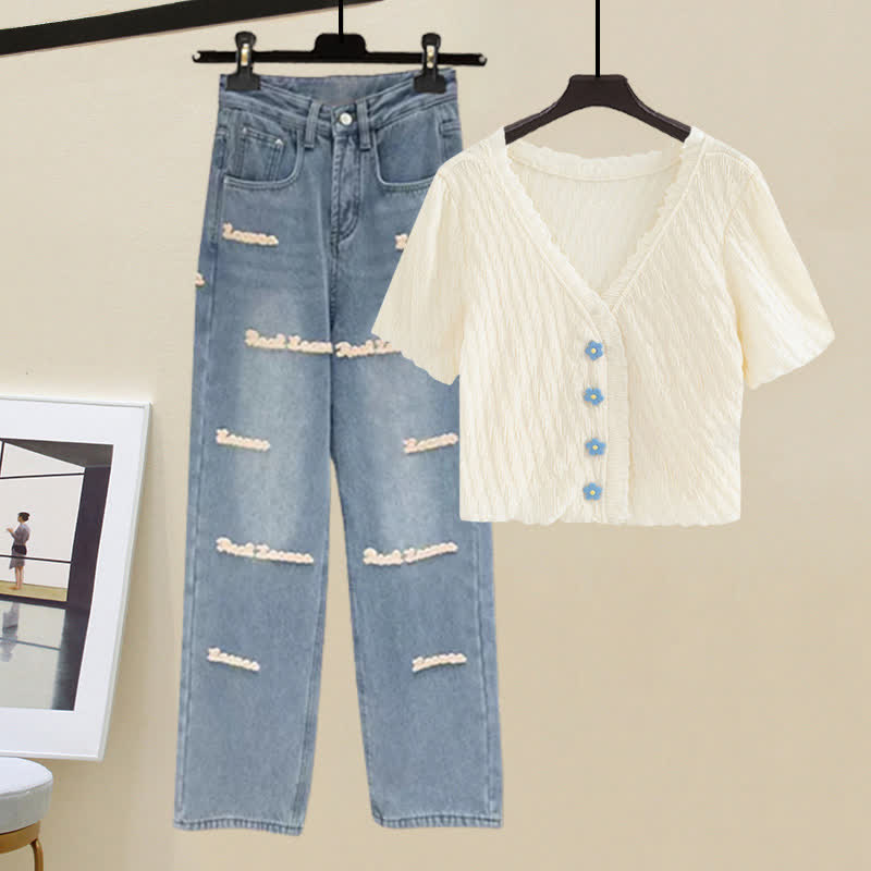 Blossom Button T-Shirt Letter Denim Pants Set modakawa