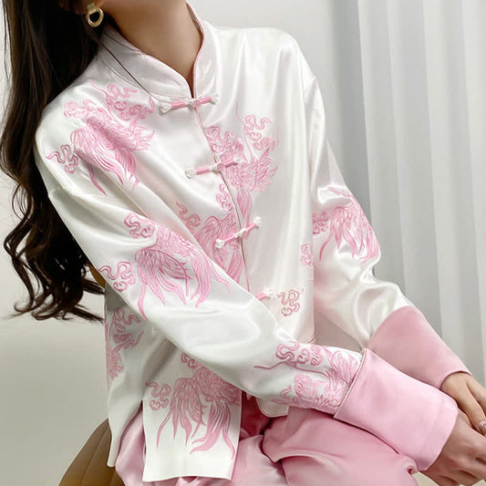 Vintage Floral Embroidery Buckle Long Sleeve Satin Shirt