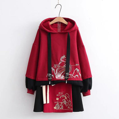 Vintage Red Embroidery Hoodie Bow Knot Skirt Set - S