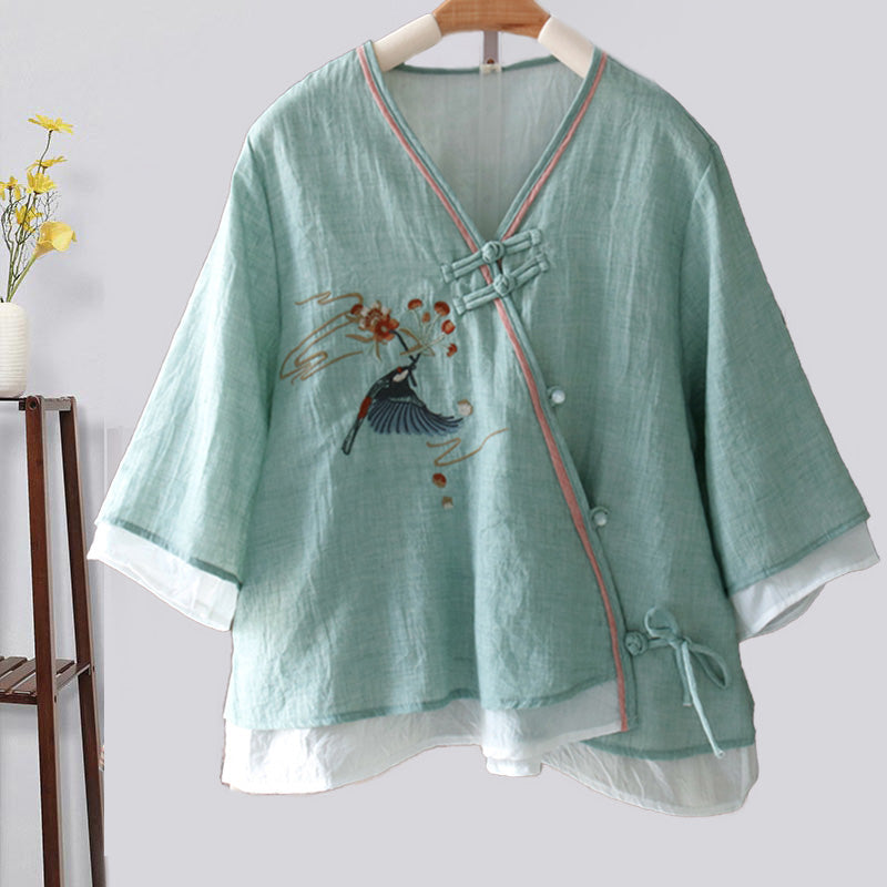 Vintage Bird Embroidery Buckle Shirt - Green / One Size