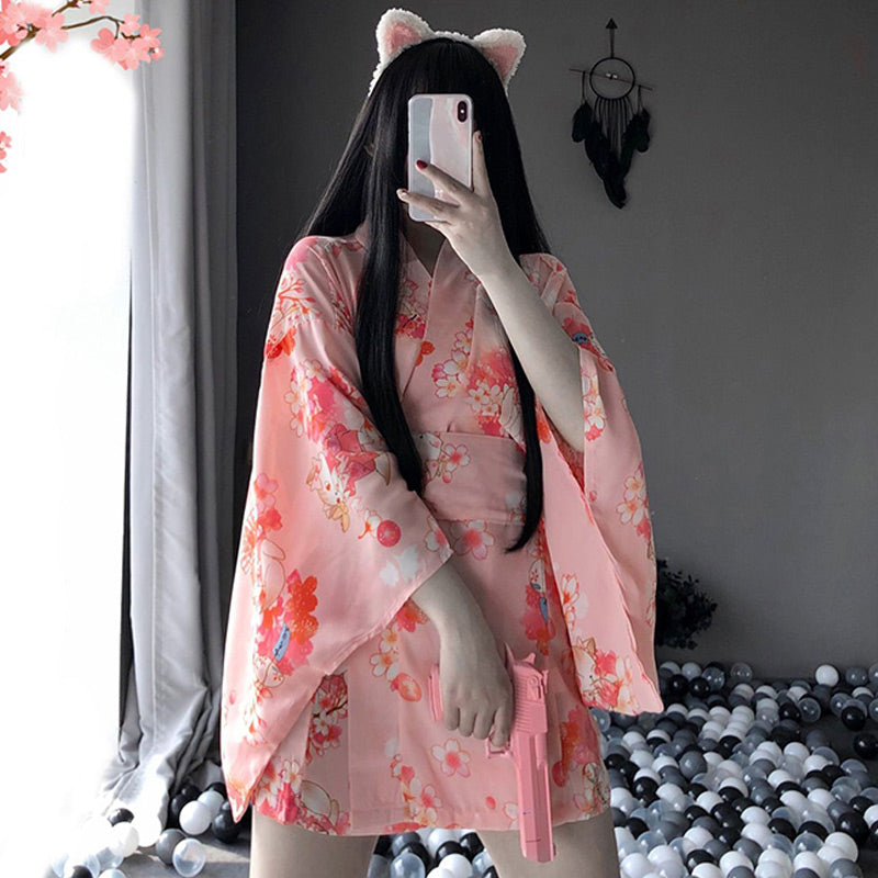 Sakura Floral Vintage Print Kimono Lingerie - Stockings