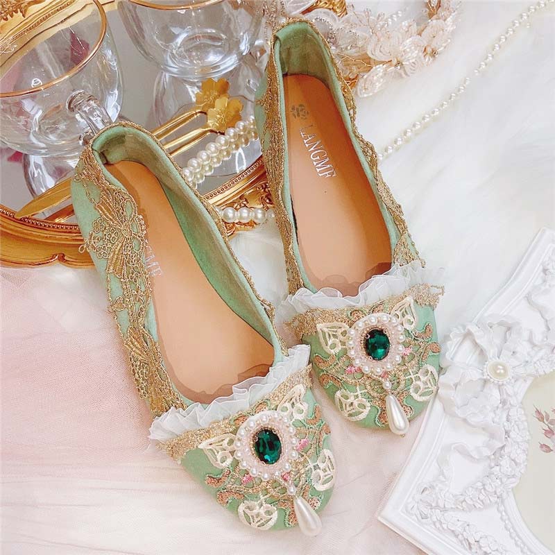 Vintage Lace Pearl Rhinestone Flat Shoes - Green / 35
