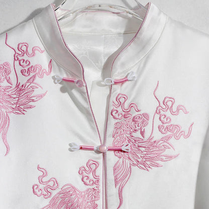 Vintage Floral Embroidery Buckle Long Sleeve Satin Shirt