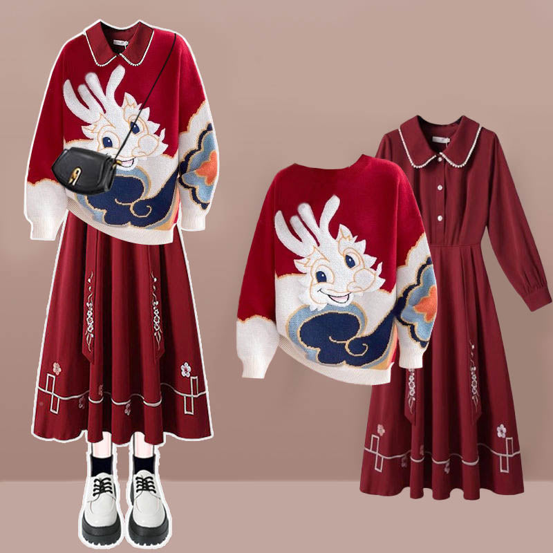Red Vintage Dragon Knit Sweater Long Sleeve Lapel Dress Modakawa