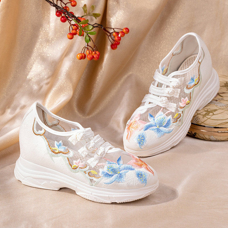 Sweet Blossom Print Buckle Mesh Platform High Heels Shoes