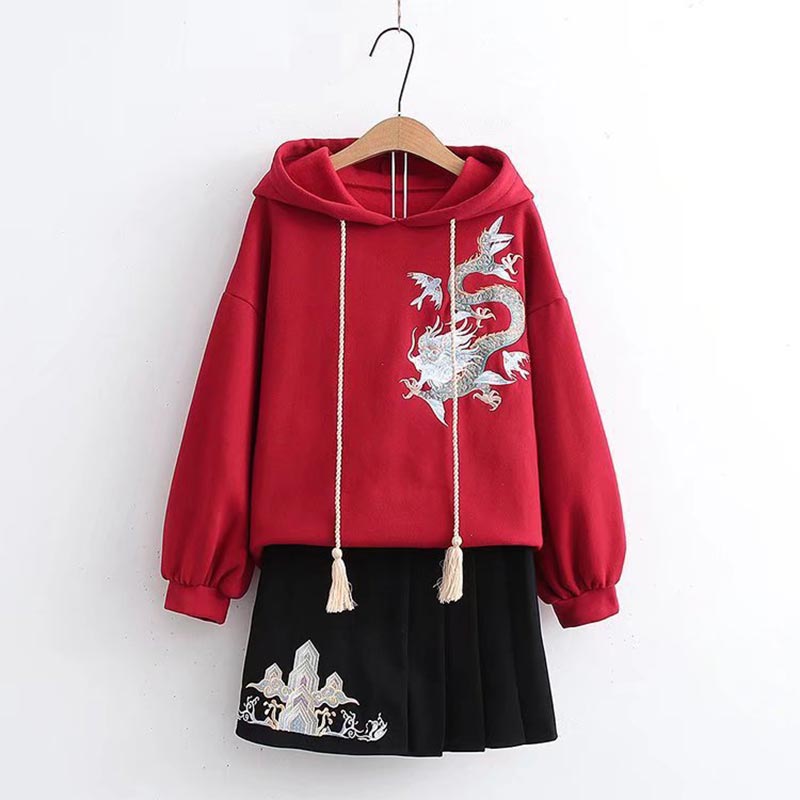 Vintage Dragon Embroidery Hoodie Skirt Set - S