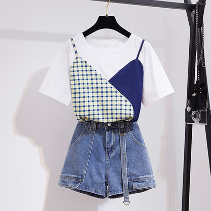 Chic Colorblock Round Collar T-Shirt Pocketed Denim Shorts modakawa