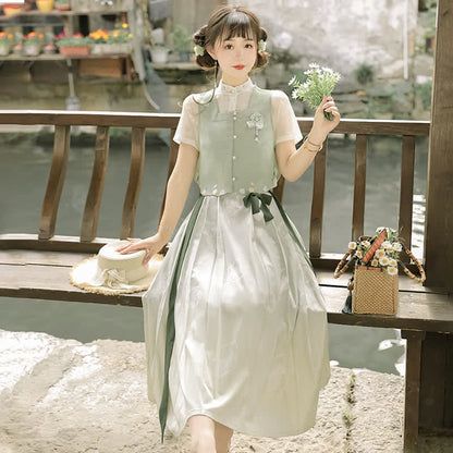 Vintage Vest Chiffon T-Shirt Pleated Skirt