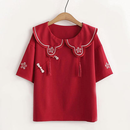 Flower Embroidery Buckle T-Shirt Skirt Set - Red / M