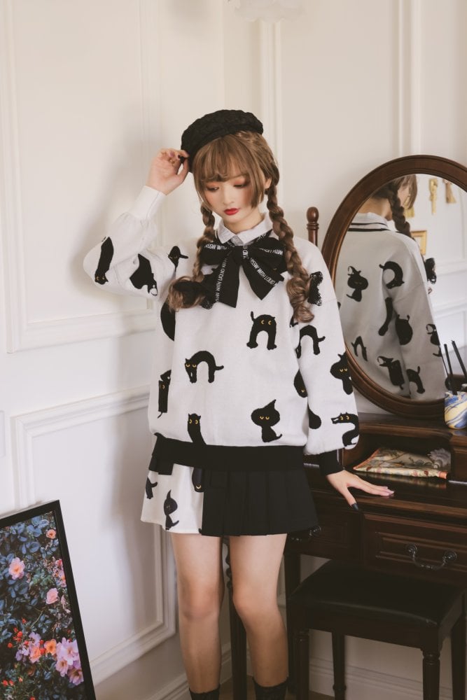 Halloween Black Cat Lolita Sweater with Tie