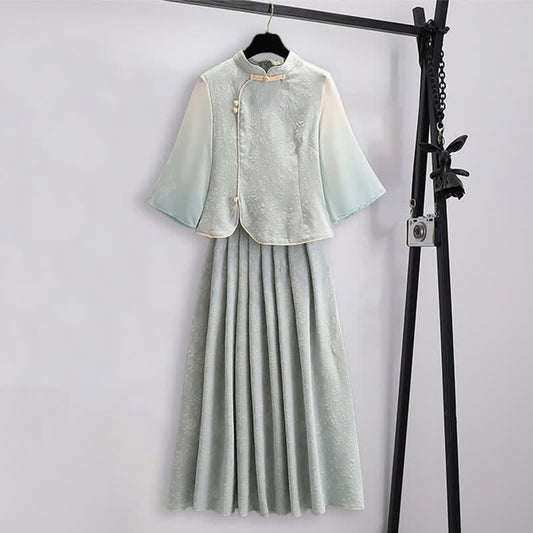 Vintage Hanfu Jacquard Buckle Shirt Pleated Skirt - Green