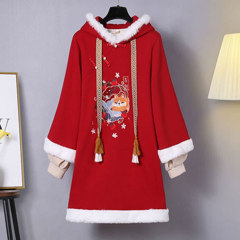 Vintage Fox Embroidery Buckle Plush Hooded Sweatshirt Dress