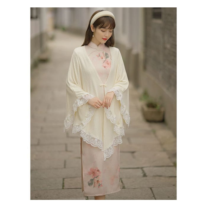 3/4-Sleeve Floral Print Faux Pearl Suede Midi Sheath Qipao