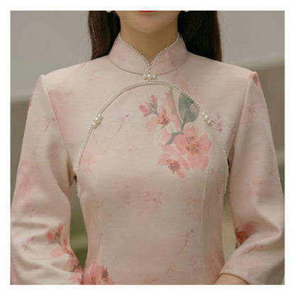 3/4-Sleeve Floral Print Faux Pearl Suede Midi Sheath Qipao