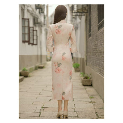 3/4-Sleeve Floral Print Faux Pearl Suede Midi Sheath Qipao