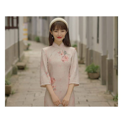 3/4-Sleeve Floral Print Faux Pearl Suede Midi Sheath Qipao