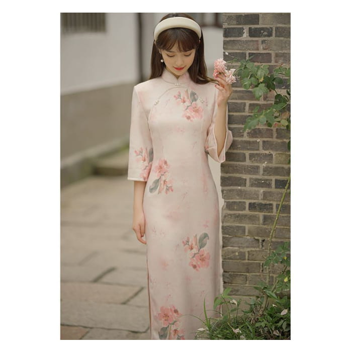 3/4-Sleeve Floral Print Faux Pearl Suede Midi Sheath Qipao