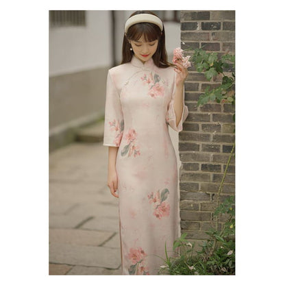 3/4-Sleeve Floral Print Faux Pearl Suede Midi Sheath Qipao