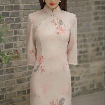 3/4-Sleeve Floral Print Faux Pearl Suede Midi Sheath Qipao