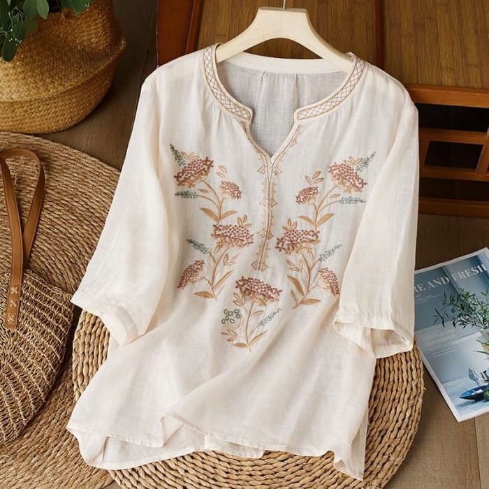 3/4-Sleeve Notch Neck Floral Embroidered Linen Blouse