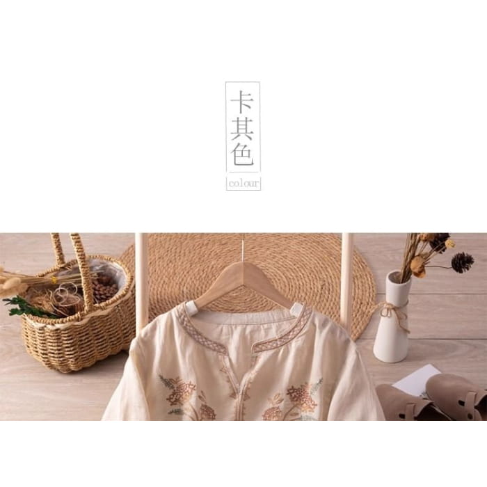 3/4-Sleeve Notch Neck Floral Embroidered Linen Blouse