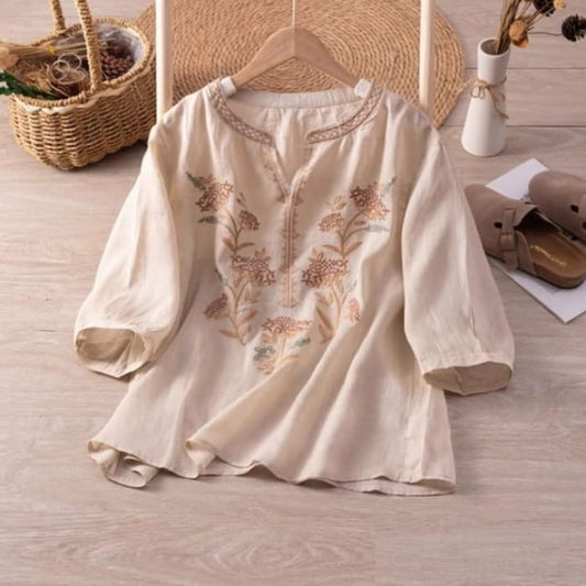 3/4-Sleeve Notch Neck Floral Embroidered Linen Blouse