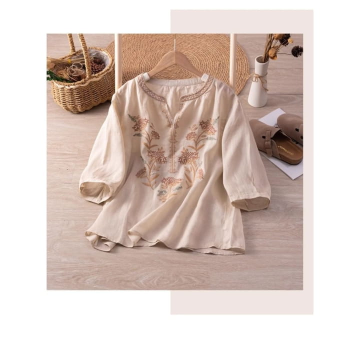 3/4-Sleeve Notch Neck Floral Embroidered Linen Blouse