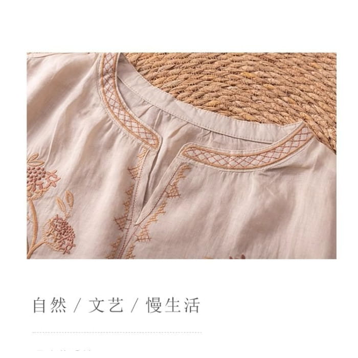 3/4-Sleeve Notch Neck Floral Embroidered Linen Blouse