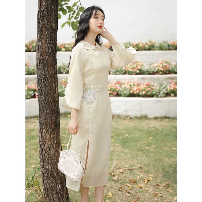 3/4-Sleeve Peter Pan Collar Floral Embroidered Slit Midi