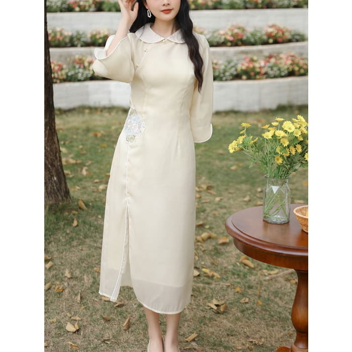 3/4-Sleeve Peter Pan Collar Floral Embroidered Slit Midi