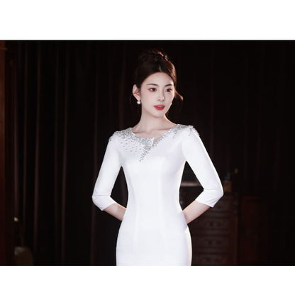 3/4-Sleeve Scoop Neck Rhinestone Mermaid Evening Gown