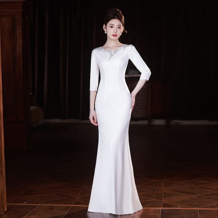 3/4-Sleeve Scoop Neck Rhinestone Mermaid Evening Gown