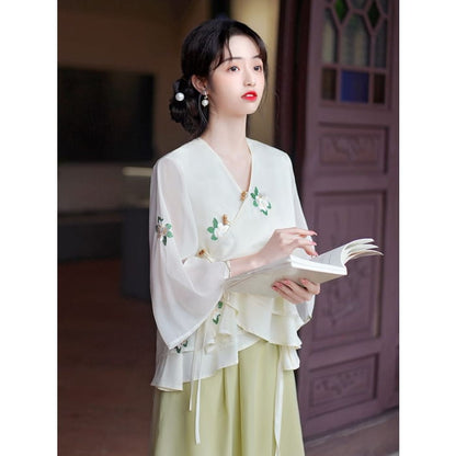 3/4-Sleeve V-Neck Embroidered Top / High Waist Maxi A-Line