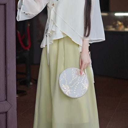 3/4-Sleeve V-Neck Embroidered Top / High Waist Maxi A-Line