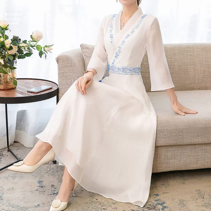 3/4-Sleeve V-Neck Floral Embroidered Tasseled Midi A-Line