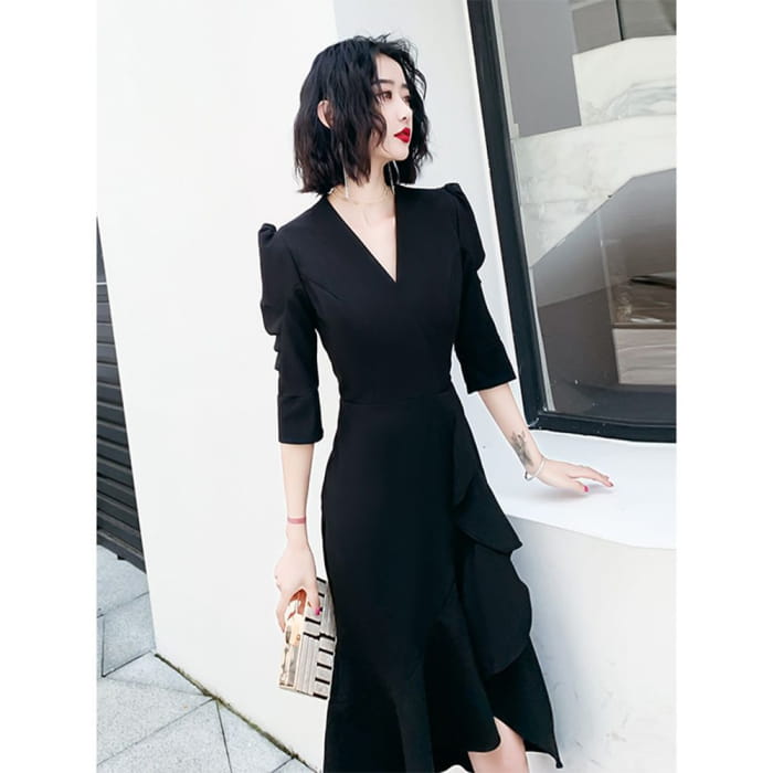 3/4-Sleeve V-Neck Ruffle Asymmetrical Mermaid Cocktail Dress