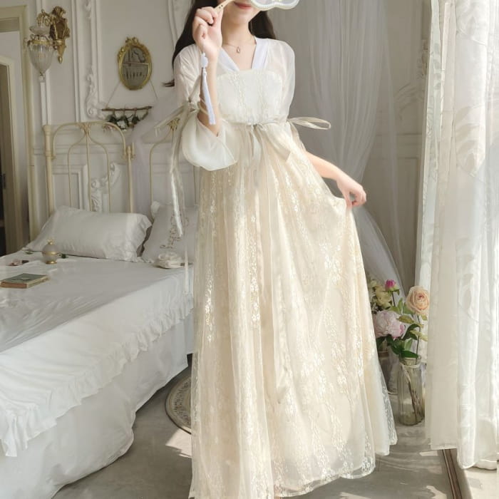 3/4-Sleeve V-Neck Tie-Waist Panel Lace Maxi A-Line Dress