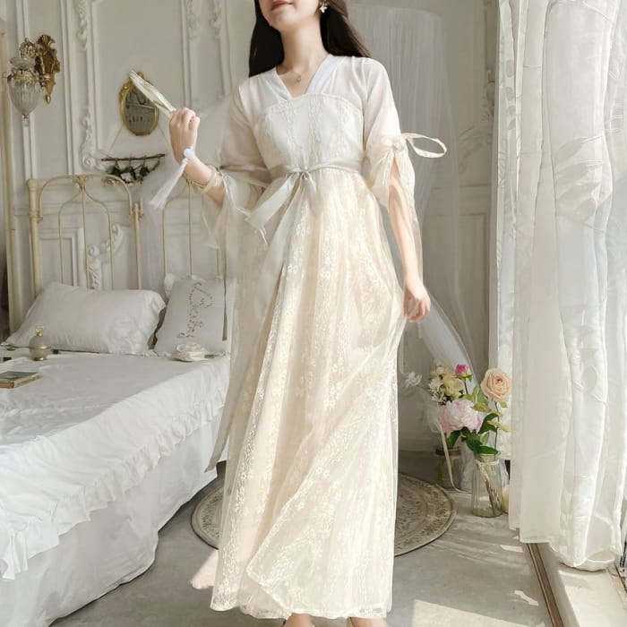 3/4-Sleeve V-Neck Tie-Waist Panel Lace Maxi A-Line Dress