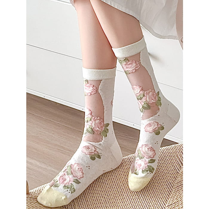 3 Pairs Women Elegant Flower Lace Spliced Thin Socks BN1032