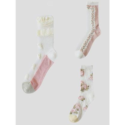 3 Pairs Women Elegant Flower Lace Spliced Thin Socks BN1032