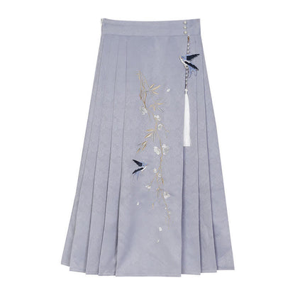 Sweet Buckle T-Shirt Embroidery Tassel Pleated Skirt - S