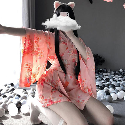 Sakura Floral Vintage Print Kimono Lingerie - Stockings