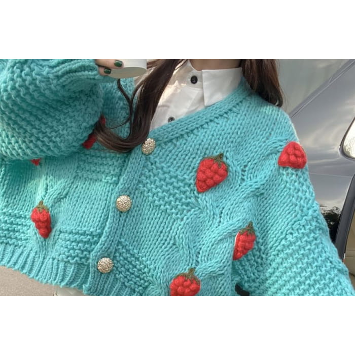 3D-Strawberry Crochet-Knit V-Neck Cardigan