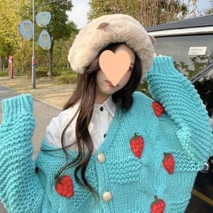 3D-Strawberry Crochet-Knit V-Neck Cardigan - Gem Green