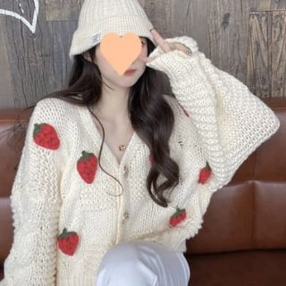 3D-Strawberry Crochet-Knit V-Neck Cardigan - Milky White