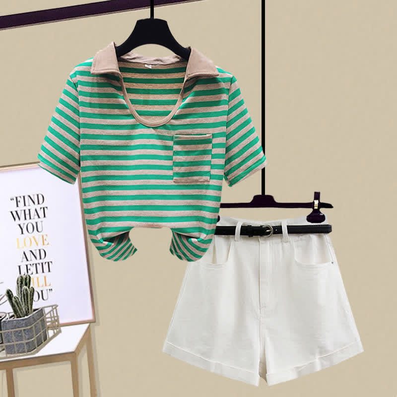 Stripe Pocket Crop Top T-Shirt Denim Shorts modakawa