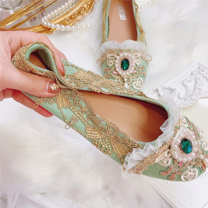 Vintage Lace Pearl Rhinestone Flat Shoes