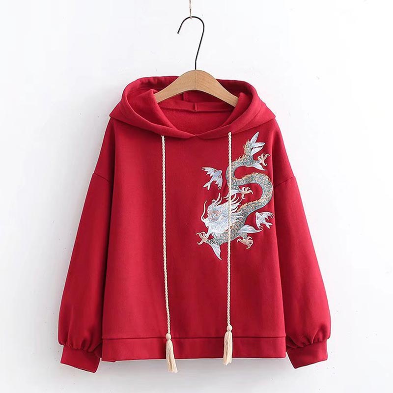 Vintage Dragon Embroidery Hoodie Skirt Set - S