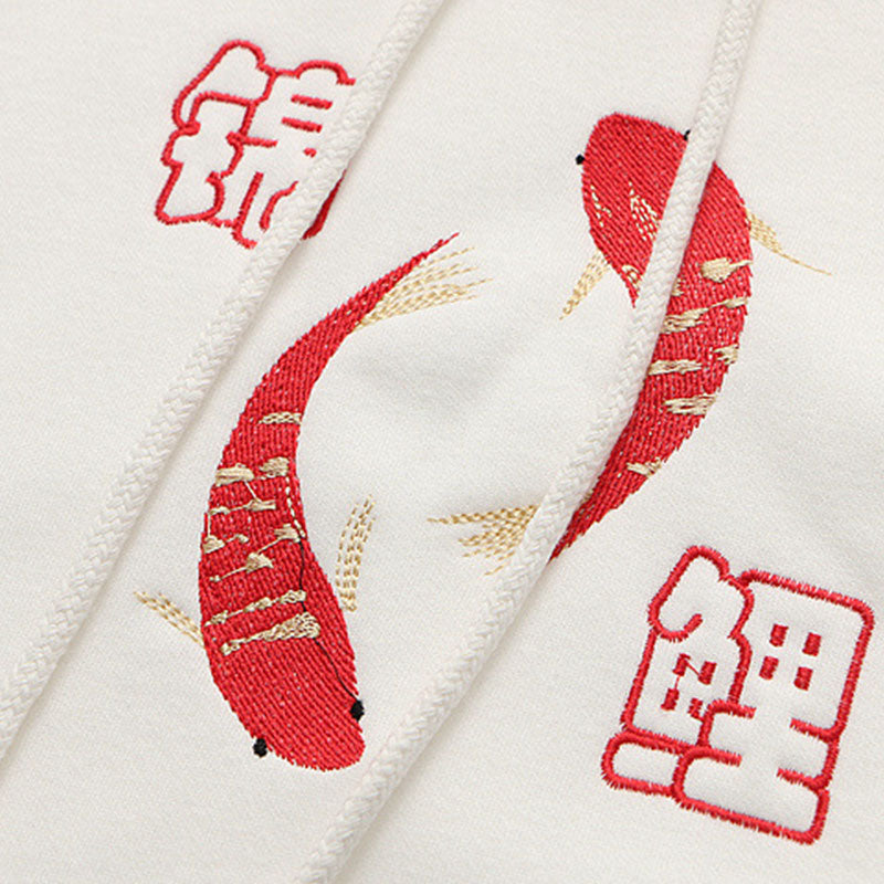 Vintage Red Fish Letter Embroidery Hoodie